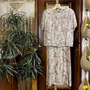 Vintage 90s Judy Knapp Rayon Skirt Set USA Abstract Floral 2 Piece Co Ord S M